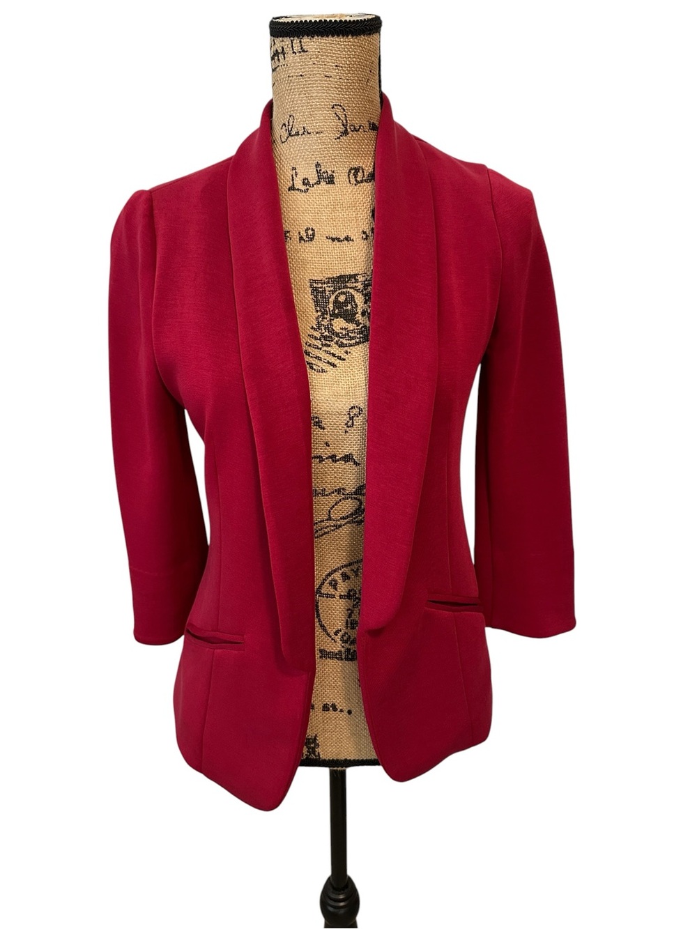 Skies Are Blue Red Open-Front Shawl Collar Blazer